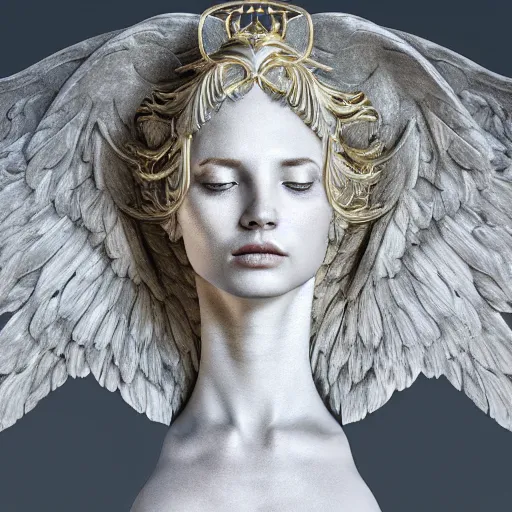 Image similar to a statue made of white marble with gold veins, of an beautiful angel girl, full body shot, perfect symmetrical body, perfect symmetrical face, no eyes, hyper realistic, hyper detailed, fujicolor superia 1 6 0 0 photo, by peter kemp, by monia merlo octane render, blender, 8 k