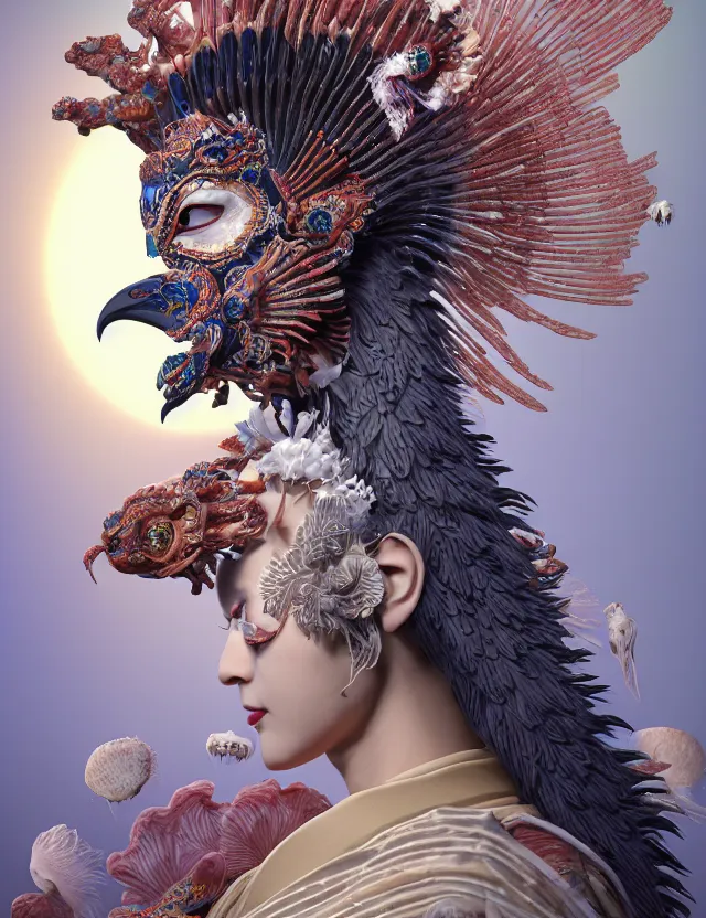 Image similar to 3 d goddess in robe close - up profile portrait with ram skull. beautiful intricately detailed japanese crow kitsune mask and clasical japanese kimono. betta fish, jellyfish phoenix, bio luminescent, plasma, ice, water, wind, creature, artwork by tooth wu and wlop and beeple and greg rutkowski