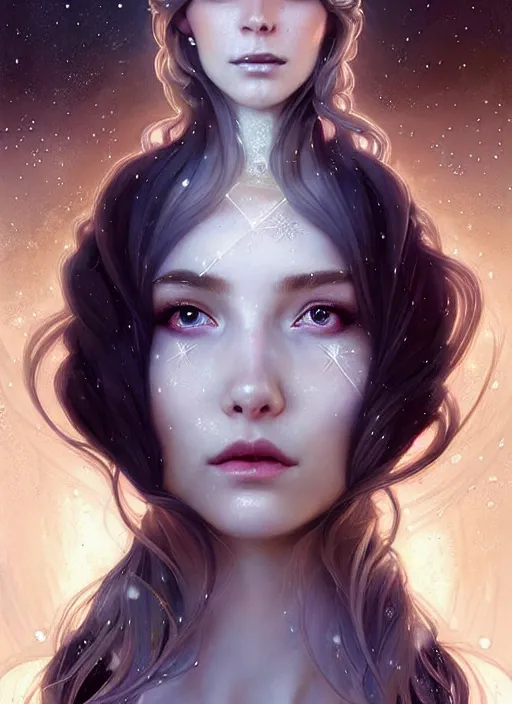 Image similar to a beautiful cinematic female winter goddess, cristal dress, ice wing, galatic shamen with quantum energy fantasy, fantasy magic, undercut hairstyle, dark light night, intricate, elegant, sharp focus, illustration, highly detailed, digital painting, concept art, matte, art by wlop and artgerm and greg rutkowski and alphonse mucha, masterpiece