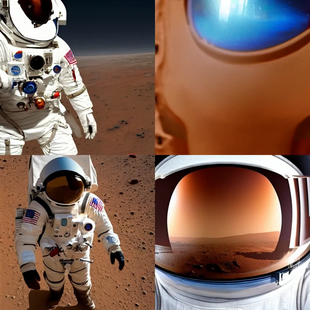 Prompt: Closeup of first human on mars, stepping out of small capsule, front view, space suit, mars surface reflected in visor, NASA