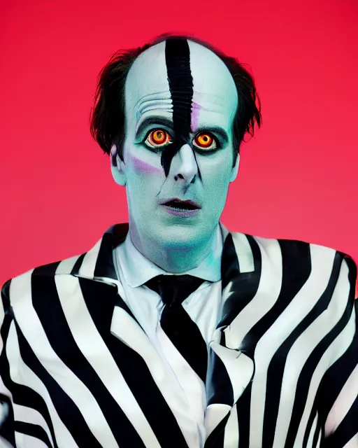 Image similar to Will Arnett as Beetlejuice, makeup, cinematic lighting, 4k photograph