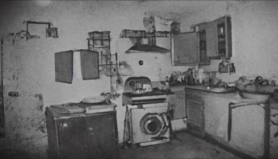 Image similar to snake, a man sit in a stalinist style kitchen, by mini dv camera, very very low quality, heavy grain, very blurry, accidental flash, webcam footage, found footage, security cam, caught on trail cam