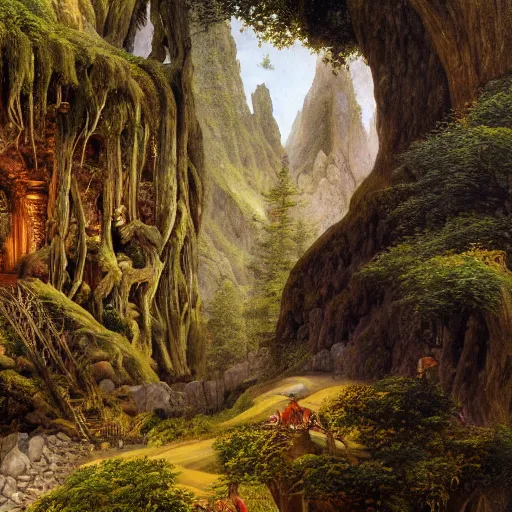 Image similar to A beautiful and highly detailed oil painting of an elven temple in the mountains, detailed trees and cliffs, intricate details, rivendell, 8k, sharp focus, hyper realism, by Caspar Friedrich,