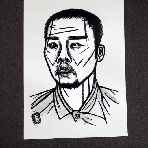 Image similar to ultra precise, asymmetric fineliner drawing of a chinese prisoner. three colour ink marker pen on rainbow spattered glossy paper. bold lines, gallery quality