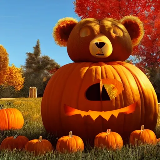 Image similar to a cute smiling bear made out of pumpkins, unreal engine