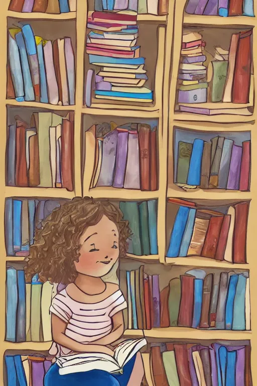 Prompt: a little girl with wavy curly light brown hair sits on a tall pile of books. she is reading. clean pretty cartoon painting, beautiful detailed face.