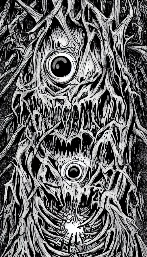 Image similar to a storm vortex made of many demonic eyes and teeth over a forest, by ed roth