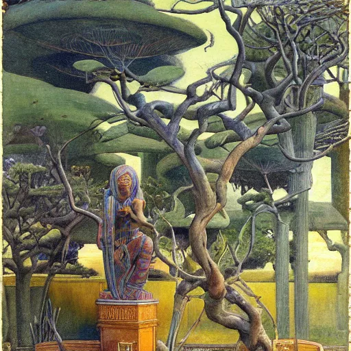 Image similar to Muscular African gardener cutting bonsai trees, grey Hair, idyllic Garden, by Annie Swynnerton and Nicholas Roerich and jean delville, glowing paper lanterns, strong dramatic cinematic lighting , ornate tiled architecture, lost civilizations, smooth, sharp focus, extremely detailed