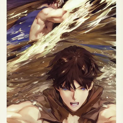Image similar to epic battle brown haired boy summons a huge wave of water. jc leyendecker. repin. shigenori soejima.