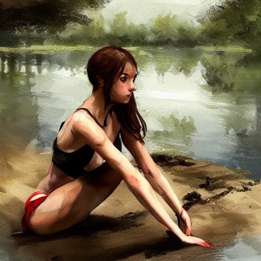 Image similar to slavic girl squats by the river, greg rutkowski