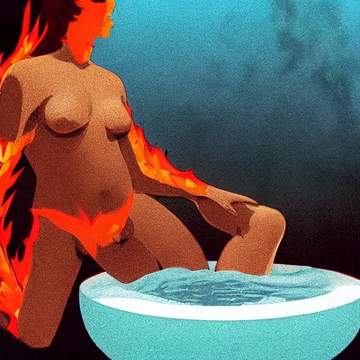 Prompt: hyperrealist, graphic novel illustration of a creature made of fire sitting in a hot tub, pulp 7 0's sci - fi vibes, 9 0's hannah barbara fantasy animation, cinematic, movie still, studio ghibli masterpiece