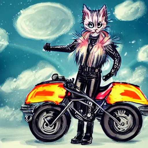 Image similar to wide angle full body, jacket wearing fluffy cute rainbow kitten wearing a black leather motorcycle jacket, cinematic concept art