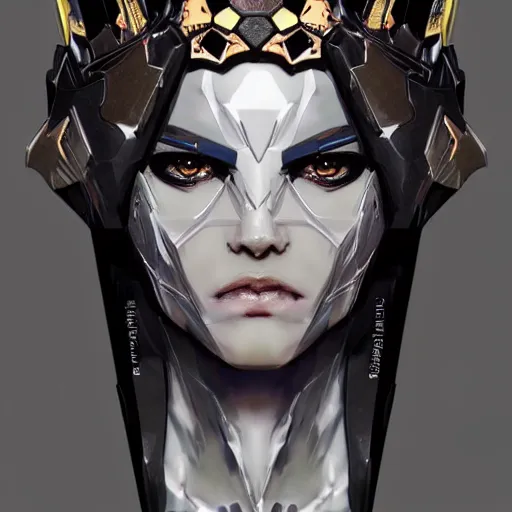 Prompt: a female transformer with a crown, black eyes, very symmetrical face, highly detailed, nanogirl, nanogirlv 2, by vitaly bulgarov, by yoji shinkawa, by joss nizzi, by ben procter, by steve jung, metal gear solid, transformers cinematic universe, artstation, unreal engine