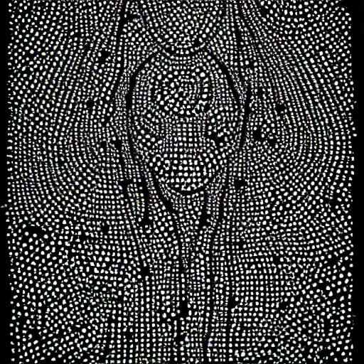 Image similar to pointilism, black and white, dot art, dark, ominous, hooded figures, faceless people, asymmetrical, in style of old painting