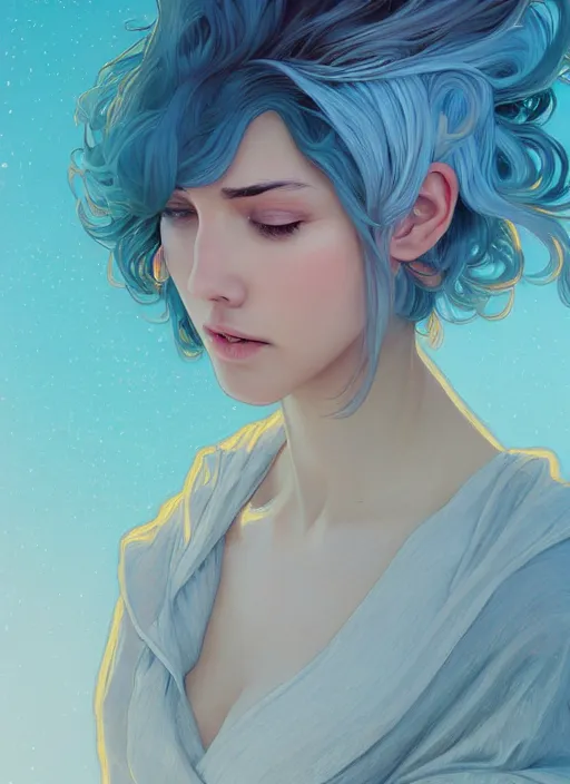 Prompt: handsome young women with shoulder length light blue hair, half body shot, path traced, highly detailed, high quality, digital painting, alena aenami, lilia alvarado, shinji aramaki, karol bak, alphonse mucha, tom bagshaw