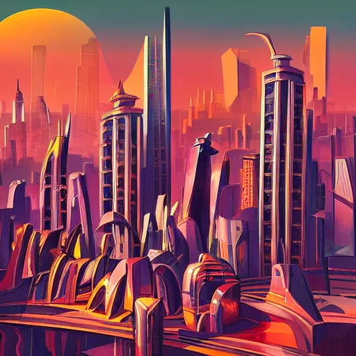 Prompt: futuristic art deco city, realistic style, bold colors, at golden hour