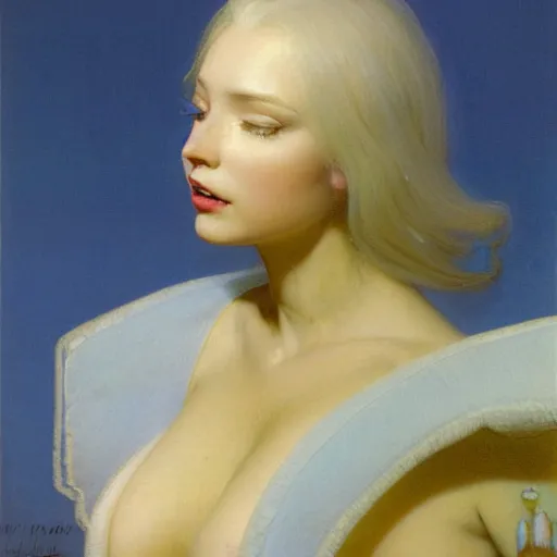 Image similar to young woman's face, her hair is white and she wears a cobalt blue duchesse satin cloak, by syd mead and moebius and roger dean and gaston bussiere and ivan aivazovsky and willem claesz and pieter claesz and paul delaroche and alma tadema and aelbert cuyp, hyperrealistic, volumetric light, octane