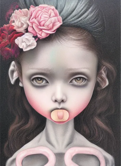 Image similar to pop surrealism, lowbrow art, realistic cute girl painting, japanese street fashion, hyper realism, muted colors, mark ryden, trevor brown style