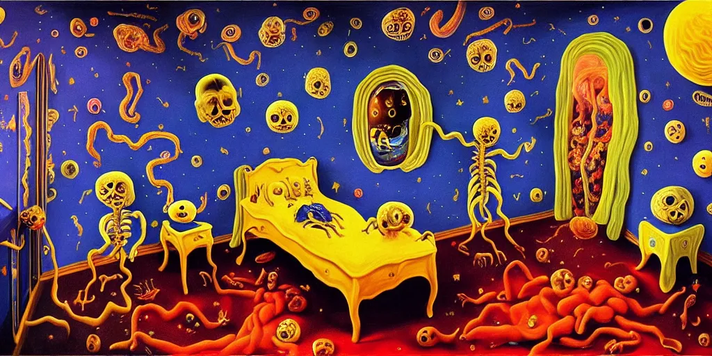 Image similar to a cosmic horror monstrosity inside of a childs bedroom, painting in the style of salvador dali, extremely detailed, disturbing, cinematic, 4 k, 8 k,