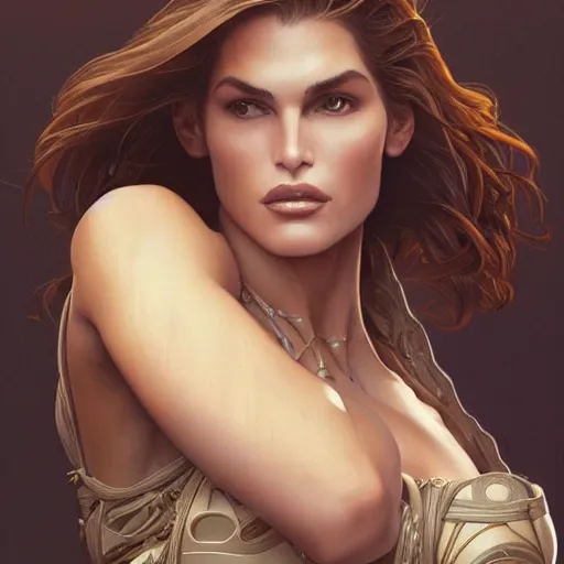 Image similar to 1990s Cindy Crawford as Lana Croft, intricate, elegant, highly detailed, digital painting, artstation, concept art, smooth, sharp focus, illustration, art by artgerm and greg rutkowski and alphonse mucha