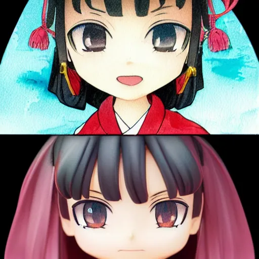 Image similar to beautiful water color concept art of face detailing cute nendoroid girl in the style of ukiyoe , toon rendering, close-up