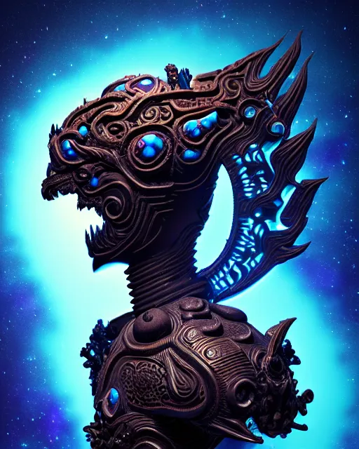 Prompt: 3 d ornate carved dark cosmic warrior with profile portrait, sigma 5 0 0 mm f / 5. beautiful intricate highly detailed quetzalcoatl skull. bioluminescent, plasma, lava, ice, water, wind, creature, thunderstorm! artwork by tooth wu and wlop and beeple and greg rutkowski, 8 k trending on artstation