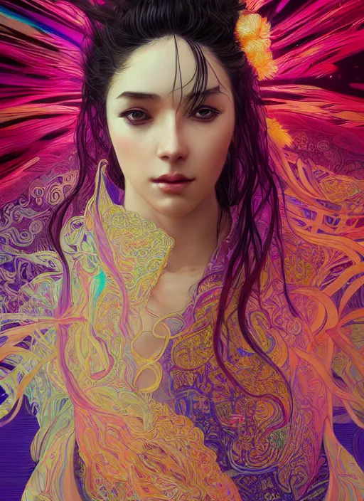 Image similar to beautiful young woman, gorgeous face, sad eyes, tears, cyberpunk, vaporwave aesthetic, synthwave, colorful, psychedelic, intricate, elegant, long beautiful flowing kimono, highly detailed, digital painting, artstation, concept art, smooth, sharp focus, illustration, art by artgerm and greg rutkowski and alphonse mucha