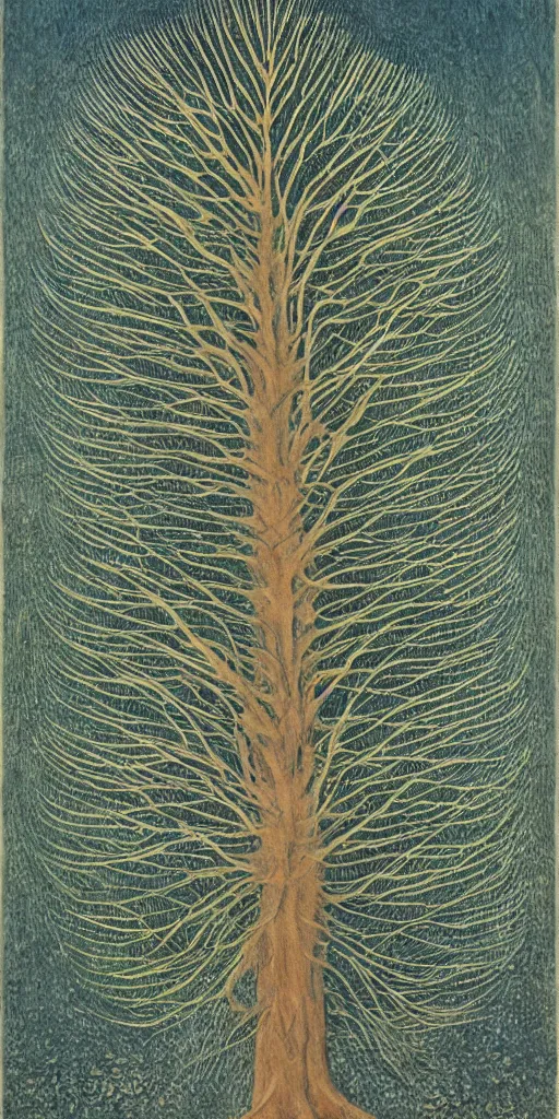 Image similar to art by abbott fuller graves of a giant beautiful tree, diatoms, diatom leaves