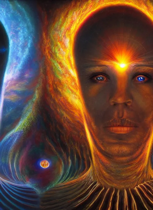 Prompt: portrait ultra dimensional entity, accidentally tripping on dmt and salvia, psychedelic experience, overwhelming psychosis of self realization and burning awakening, ultra high definition, unreal engine 5, hyperrealism, masterpiece composition, by david a. hardy, barclay shaw