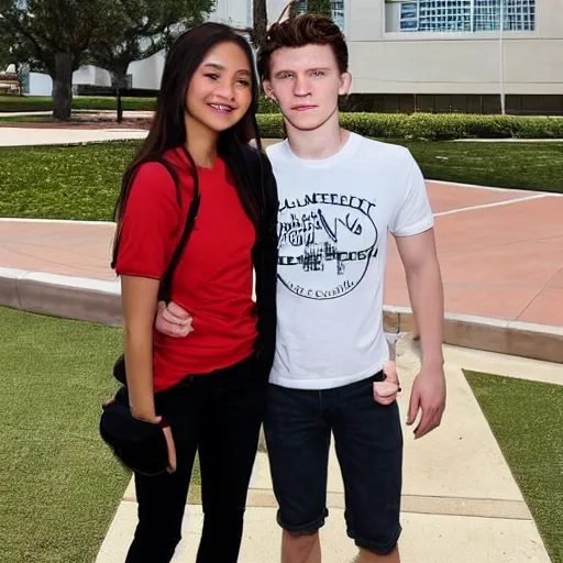 Image similar to Tom Holland with his arm around a beautiful Filipina college girl at Chapman University monument