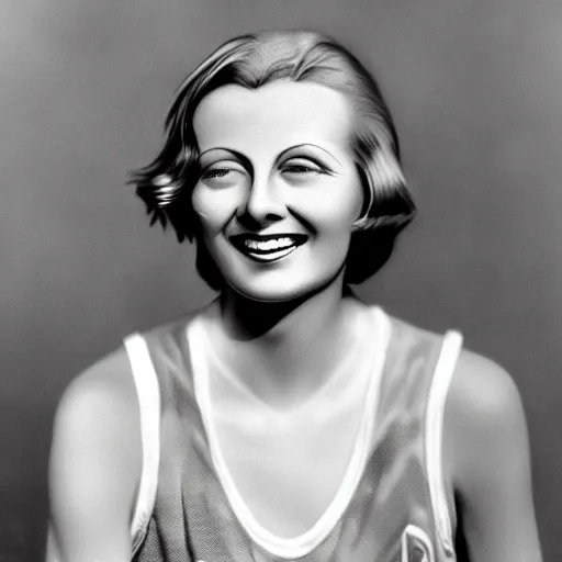 Prompt: a 1 9 2 8 color portrait. calm, happy, healthy, smiling, sporty, young, glowing greta garbo in athletic wear with big smile and healthy teeth. realistic, high quality.