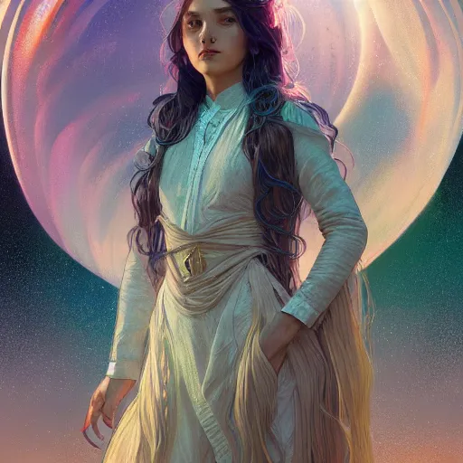 Image similar to girl with super long hair, hair becoming bright stars, intricate, highly detailed, digital painting, artstation, concept art, smooth, sharp focus, illustration, unreal engine 5, 8 k, art by artgerm and greg rutkowski and alphonse mucha