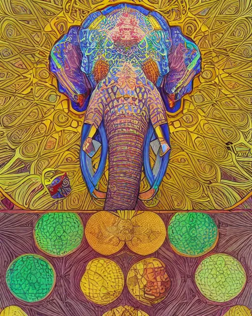 Image similar to Elephant head art surrounded by varities of pineapple, cell shading, voronoi, fibonacci sequence, sacred geometry by Alphonse Mucha, Moebius, hiroshi yoshida, Art Nouveau, colorful, ultradetailed, vivid colour, 3d