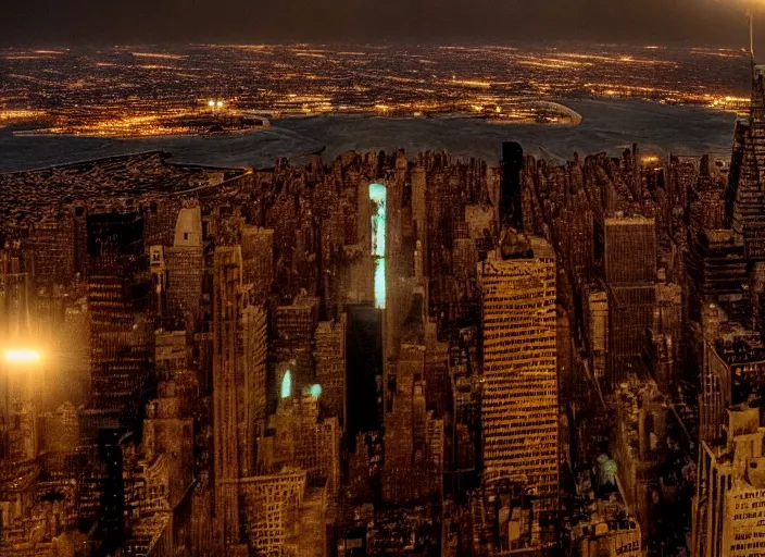 Image similar to film still of the moon shattering into pieces over manhatten in the new disaster movie, 8 k, night time