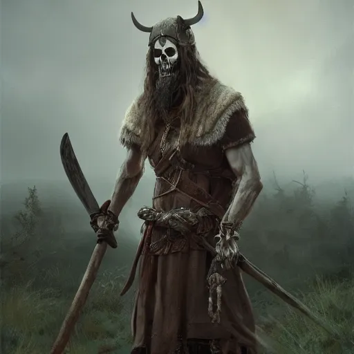 Image similar to an portrait of an skeleton wearing a viking robe and holding an axe, Matte painting , detailed painting, made by Greg Rutkowski, 4k resolution, atmospheric, extremely high detail