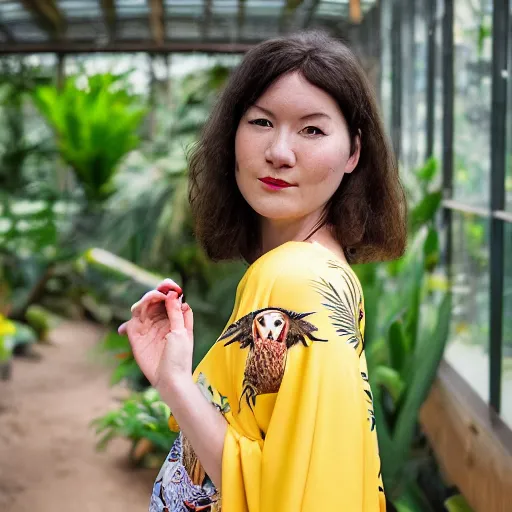 Image similar to Medium format portrait of a beautiful woman wearing a yellow kimono in a tropical greenhouse, she has a very detailed barn owl on her shoulder, ,graflex, 85mm f1.8, bokeh