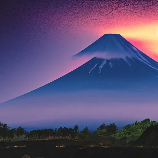 Image similar to mount fuji erupting blue lava, photo from distance, photorealistic