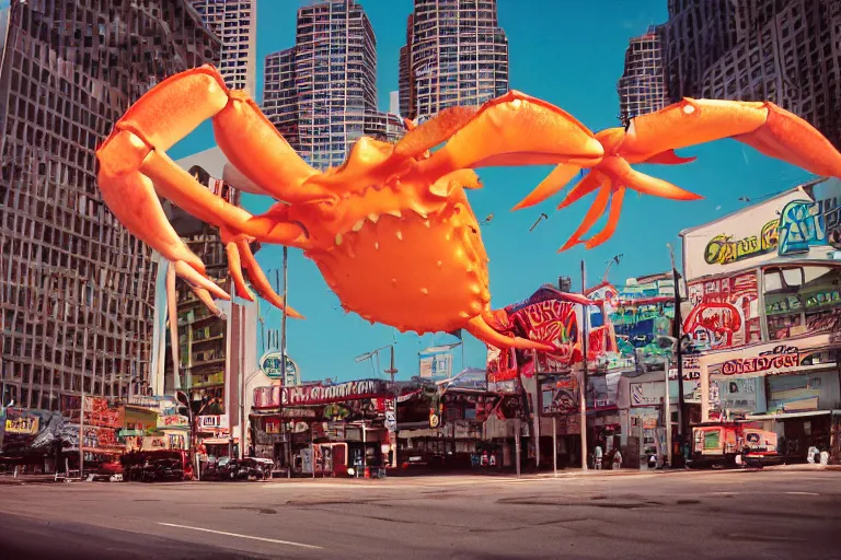 Image similar to 2 0 1 5 cute giant crab terrorizing a city, googie city, americana, fishcore, exterior photography, hd 8 k, photography cinestill