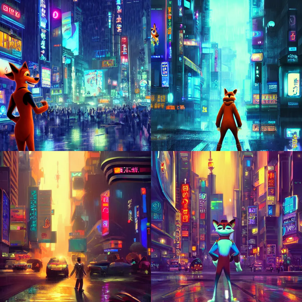 Prompt: nick wilde in cyberpunk tokyo, nighttime, rain, digital art, trending on artstation