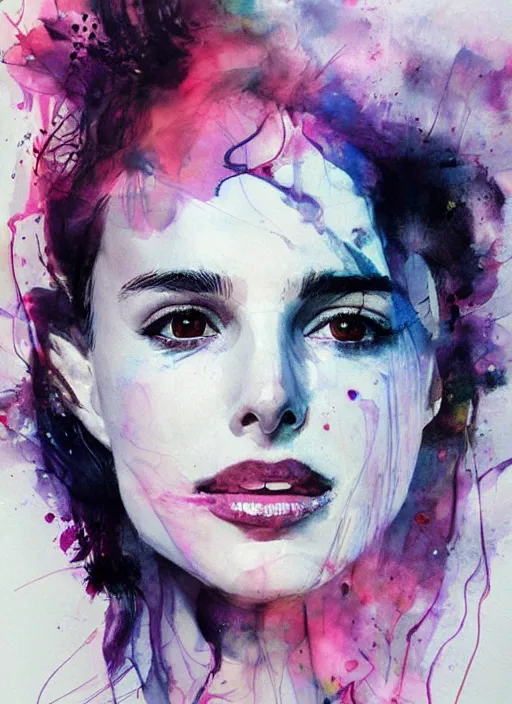 Image similar to vicious smile nathalie portman by agnes cecile, extremely luminous bright design, pastel colours, ink drips, autumn lights