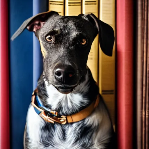 Prompt: a portrait of a dog in a library, sigma 8 5 mm f / 1. 4.