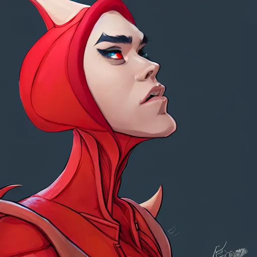 Image similar to female portrait anthropomorphic dragon wearing red clothes, Physically important : she has small head, Mega important : perfect master piece, award winning, full body in the graphic style of Patrick Gleason, detailed art, trending on Artstation, sharp focus, comic art