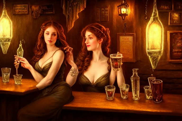 Image similar to a beautiful barmaid, dimly lit cozy tavern, relaxed pose, fantasy, intricate, elegant, dramatic lighting, emotionally evoking symbolic metaphor, highly detailed, lifelike, photorealistic, digital painting, artstation, concept art, smooth, sharp focus, illustration, art by John Collier and Albert Aublet and Krenz Cushart and Artem Demura and Alphonse Mucha, masterpiece