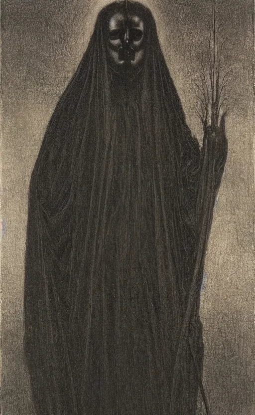 Image similar to Say who is this with black hair so dark and thin? beautiful lone single Male!! angel, Hades Death, in the style of Jean Delville,black glowing cloak, Fernand Keller, Fernand Khnopff, oil on canvas, 1896, 4K resolution, aesthetic, mystery