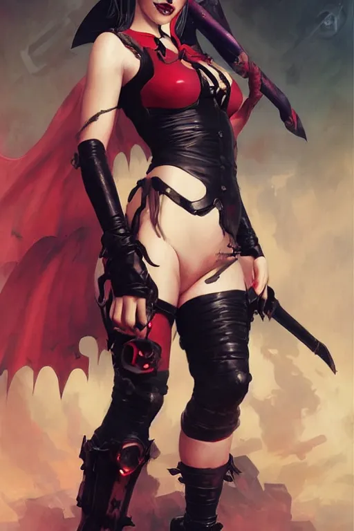 Image similar to portrait of succubus Harley Quinn in bikini armor, dc comics, cyberpunk, Warhammer 40000, dark fantasy, digital art from artstation by Ruan Jia and Mandy Jurgens and Artgerm and william-adolphe bouguereau