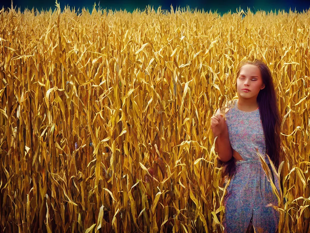 Prompt: color ink print photography depicting a young lady's soul escaping while standing in a corn field on a sunny day, sunny but also the stars are shining. 16K resolution. vivid light and colors. took a month straight to complete post-filtering of this photograph.