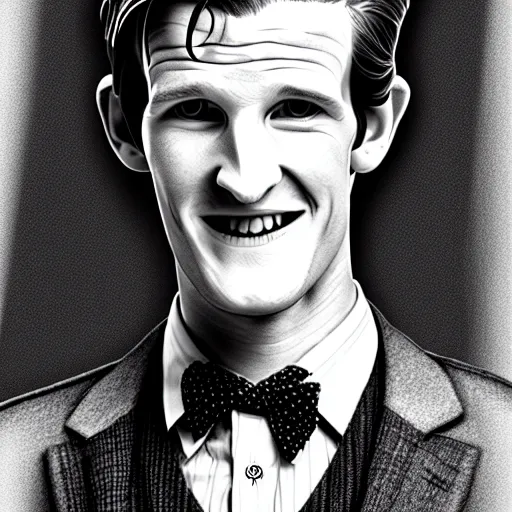 Prompt: beautiful lifelike award winning pencil illustration of the 1 1 th doctor matt smith smiling, whole body cinematic atmospheric, highly detailed, beautiful and realistic faces