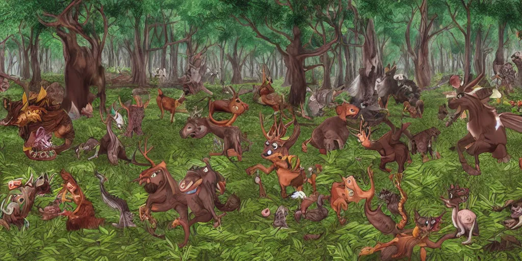 Image similar to panorama of animals in enchanted forest running away from necromancer's army