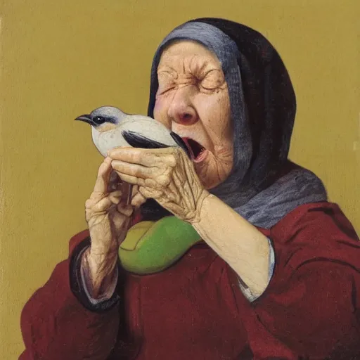 Prompt: an old woman swallowing a bird