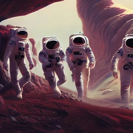 Image similar to astronauts arriving on mars, digital painting, ambient lighting, hyperdetailed, rendered, 8 k, 4 k, trending on artstation, space